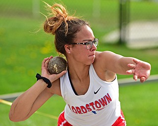 CORTLAND, OHIO - MAY 2, 2019: Lordstown's Alexis Weekley competes during the girls shot put, Thursday afternoon during the Trumbull County Track Meet at Lakeview High School. DAVID DERMER | THE VINDICATOR