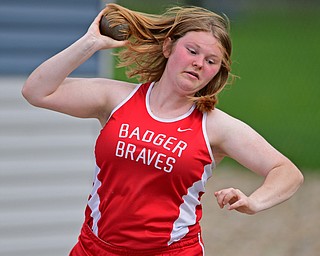 CORTLAND, OHIO - MAY 2, 2019: Badger's Stormi Bush competes during the girls shot put, Thursday afternoon during the Trumbull County Track Meet at Lakeview High School. DAVID DERMER | THE VINDICATOR