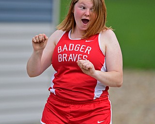 CORTLAND, OHIO - MAY 2, 2019: Badger's Stormi Bush reacts after her throw during the girls shot put, Thursday afternoon during the Trumbull County Track Meet at Lakeview High School. DAVID DERMER | THE VINDICATOR