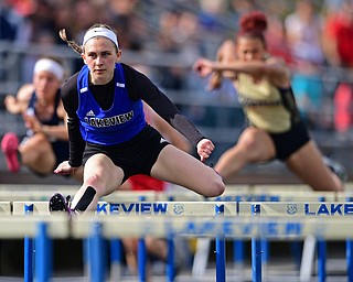 CORTLAND, OHIO - MAY 2, 2019: Lakeview's Ashley Bowker competes during the girls 100 meter hurdles, Thursday afternoon during the Trumbull County Track Meet at Lakeview High School. DAVID DERMER | THE VINDICATOR