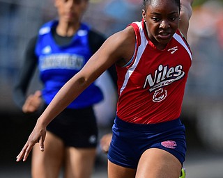 CORTLAND, OHIO - MAY 2, 2019: Niles' Chante Clinkscale crosses the finish line during the girls 100 meter dash, Thursday afternoon during the Trumbull County Track Meet at Lakeview High School. DAVID DERMER | THE VINDICATOR