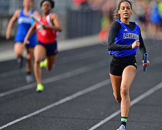 CORTLAND, OHIO - MAY 2, 2019: Lakeview's Danaysha Mauzy sprints to the finish line to win the girls 4x100 meter relay, Thursday afternoon during the Trumbull County Track Meet at Lakeview High School. DAVID DERMER | THE VINDICATOR