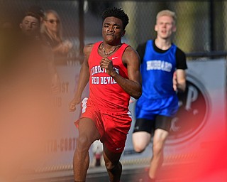 CORTLAND, OHIO - MAY 2, 2019: Lordstown's Jermaine Jones runs during the boys 400 meter run, Thursday afternoon during the Trumbull County Track Meet at Lakeview High School. DAVID DERMER | THE VINDICATOR