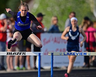 CORTLAND, OHIO - MAY 2, 2019: Lakeview's Ashley Bowker competes during the girls 300 meter hurdles, Thursday afternoon during the Trumbull County Track Meet at Lakeview High School. DAVID DERMER | THE VINDICATOR