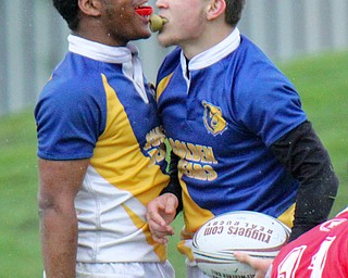 William D Leiws The Vindicator  Easts Samuel Cartagena(13) and Turhan Henderson(5) celebrate after Cartagena scored during 5-3-19 gane with Chaney.