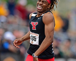 YOUNGSTOWN, OHIO - MAY 5, 2019: Youngstown State's Collin Harden crosses the finish line to win the Mens 400 meter, Sunday afternoon during the Horizon League Outdoor Track Championship at the Youngstown State Sports Complex. DAVID DERMER | THE VINDICATOR