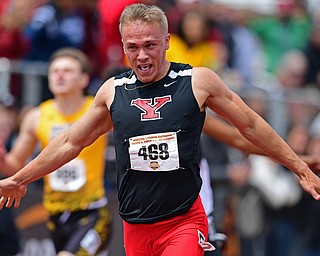 YOUNGSTOWN, OHIO - MAY 5, 2019: Youngstown State's Chad Zallow celebrates after crossing the finish line to win the Men's 200 meter, Sunday afternoon during the Horizon League Outdoor Track Championship at the Youngstown State Sports Complex. DAVID DERMER | THE VINDICATOR