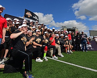 YOUNGSTOWN, OHIO - MAY 5, 2019: Members of the Youngstown State men's track team celebrate after winning the 2019 Horizon League Outdoor Track Championship, Sunday afternoon at the Youngstown State Sports Complex. DAVID DERMER | THE VINDICATOR