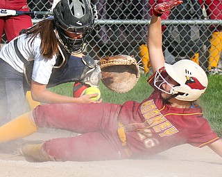 William D. Lewis The Vindictor  Mooney's Conchetta Rinaldi(26) scores during 7th inning as Fitch catcher Kayla Kelty(1) fails to make the tag. Mooney won 8-3 at Fitch 5-6-19..