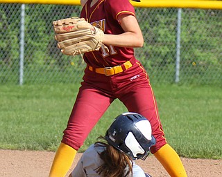 William D. Lewis The Vindictor  Fitch's Lanie Simmons(5) is out at 2nd as Mooney's Lexi Diaz tries for a double play.Mooney won 8-3 at Fitch 5-6-19..