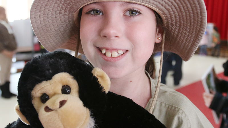 Second-grader Abigail Surack impersonates noted anthropologist Jane Goodall for Austintown Elementary School’s Wax Museum Day on Monday.