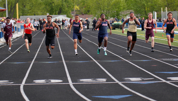 The second section of the Boys 100 Meter Dash takes place at the All-American Conference Red Tier High School Track Championships at Austintown Fitch Greenwood Chevrolet Falcon Stadium on Tuesday. EMILY MATTHEWS | THE VINDICATOR