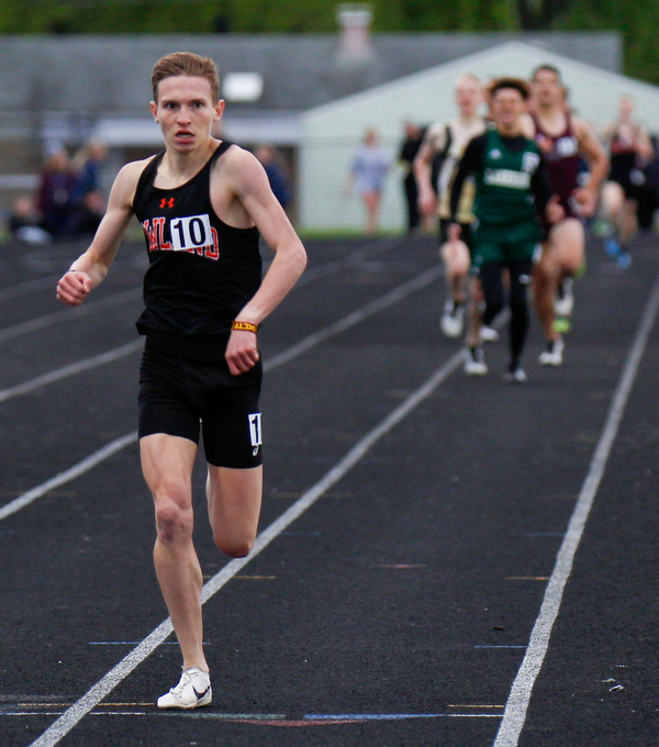 Howland's Vincent Mauri finishes in first for the Boys 800 Meter Run at the All-American Conference Red Tier High School Track Championships at Austintown Fitch Greenwood Chevrolet Falcon Stadium on Tuesday. EMILY MATTHEWS | THE VINDICATOR
