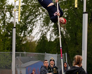 Austintown Fitch's Madison Skelly pole vaults at the All-American Conference Red Tier High School Track Championships at Austintown Fitch Greenwood Chevrolet Falcon Stadium on Tuesday. EMILY MATTHEWS | THE VINDICATOR