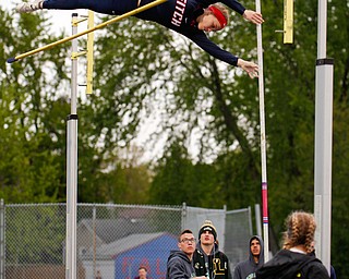 Austintown Fitch's Madison Skelly pole vaults at the All-American Conference Red Tier High School Track Championships at Austintown Fitch Greenwood Chevrolet Falcon Stadium on Tuesday. EMILY MATTHEWS | THE VINDICATOR