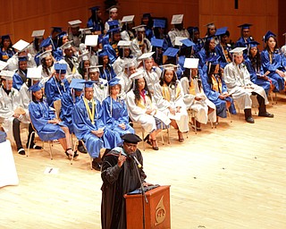 Youngstown Mayor Jamael Tito Brown gives the keynote speech during the Youngstown Rayen Early College Class of 2019 commencement ceremony in DeYor 's Ford Recital Hall on Friday. EMILY MATTHEWS | THE VINDICATOR
