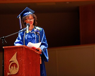 Salutatorian Lanae' Ferguson addresses her fellow graduates during her student reflection at the Youngstown Rayen Early College Class of 2019 commencement ceremony in DeYor 's Ford Recital Hall on Friday. EMILY MATTHEWS | THE VINDICATOR