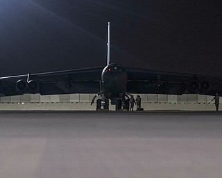 In this Thursday, May 9, 2019 photo released by the U.S. Air Force, a B-52H Stratofortress assigned to the 20th Expeditionary Bomb Squadron is at Al Udeid Air Base, Qatar. The B-52 bombers ordered by the White House to deploy to the Persian Gulf to counter unspecified threats from Iran are beginning to arrive at a major American air base in Qatar. (Staff Sgt. Ashley Gardner/U.S. Air Force via AP)

