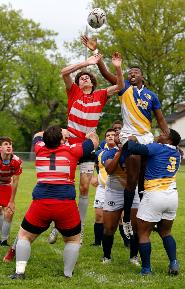 YOUNGSTOWN, OHIO - May 10, 2019: Rugby- Northwest Indians vs East Golden Bears.  East Golden Bears and Northwest Indians go for the lineout during the 1st half at Rayen Stadium. Photo by MICHAEL G. TAYLOR | THE VINDICATOR