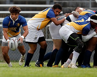 YOUNGSTOWN, OHIO - May 10, 2019: Rugby- Northwest Indians vs East Golden Bears.  East Golden Bears' Timmy Bowser passes out of the scrum the discus during the 1st half at Rayen Stadium.  Photo by MICHAEL G. TAYLOR | THE VINDICATOR