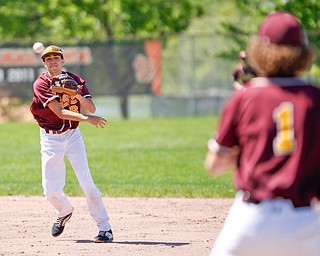 South Range's Kris Scandy throws the ball to first baseman Brandon Mikos during their game against Springfield on Saturday at Springfield High School. Springfield won in the 10th inning 9-8. EMILY MATTHEWS | THE VINDICATOR