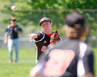 Springfield's John Slike throws the ball to first baseman Chris Thompson during their game against South Range on Saturday at Springfield High School. Springfield won in the 10th inning 9-8. EMILY MATTHEWS | THE VINDICATOR