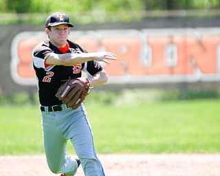 Springfield's Nick Slike throws the ball to first during their game against South Range on Saturday at Springfield High School. Springfield won in the 10th inning 9-8. EMILY MATTHEWS | THE VINDICATOR