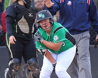 William D. Lewis The Vindicator  West Branch's Ryley Pittman(3) reacts after being hit by a pitch during 5-14-19 game with Ursuline at YSU.