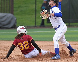 William D. Lewis the vindicator  poland's Abby Farber(6) makes the out at 2nd while trying for a doubleplay. Mooney's Gia Diorio(32) is out at 2nd during 5-14-19 game at ysu.