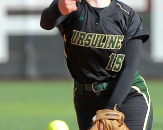 William D. Lewis The Vindicator Emily holland(15) delivers during 5-14-19 game with West Branch at YSU