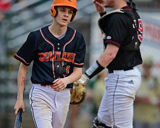 STRUTHERS, OHIO - MAY 15, 2019: Howland's Angelo Frazaglio reacts after striking out in the first inning of Wednesday nights OHSAA Tournament game at Cene Park. DAVID DERMER | THE VINDICATOR