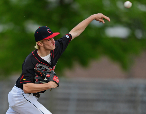 STRUTHERS, OHIO - MAY 15, 2019: Canfield starting pitcher Brent Herrmann delivers in the first inning of Wednesday nights OHSAA Tournament game at Cene Park. DAVID DERMER | THE VINDICATOR