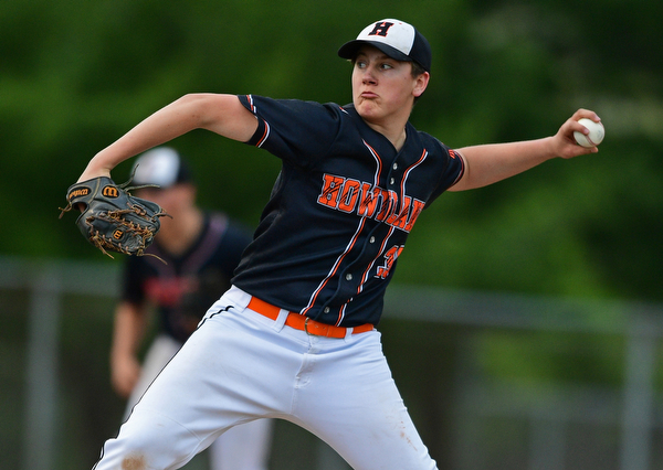 STRUTHERS, OHIO - MAY 15, 2019: Howland starting pitcher Brayden Gebhardt delivers in the second inning of Wednesday nights OHSAA Tournament game at Cene Park. DAVID DERMER | THE VINDICATOR