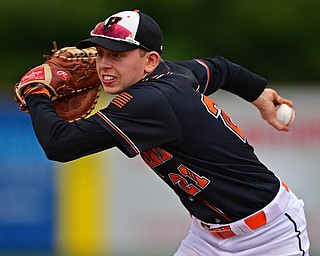 STRUTHERS, OHIO - MAY 15, 2019: Howland's Frankie Manios runs to first to force out Canfield's Brayden Beck in the second inning of Wednesday nights OHSAA Tournament game at Cene Park. DAVID DERMER | THE VINDICATOR