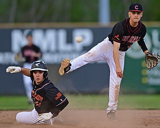 STRUTHERS, OHIO - MAY 15, 2019: Canfield's Michael Buddle, right, looks to first after forcing out Howland's Joey Peefelte at second base in the third inning of Wednesday nights OHSAA Tournament game at Cene Park. The Howland runner would be ace at first base. DAVID DERMER | THE VINDICATOR