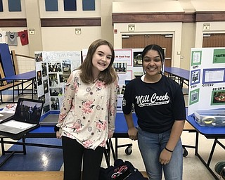 Neighbors | Jessica Harker.AMS students Alexis Smallwood and Arianna Jones prepared a presentation about their school field trips for the school's annual STEM showcase May 7.