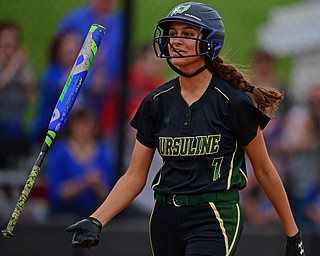 YOUNGSTOWN, OHIO - MAY 16, 2019: Ursuline's Destiny Goodnight flips her bat after striking out in the fourth inning of Thursday afternoons OHSAA Tournament game at Youngstown State University. Poland won 7-6. DAVID DERMER | THE VINDICATOR