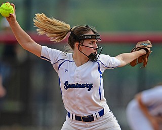 YOUNGSTOWN, OHIO - MAY 16, 2019: Poland starting pitcher Ashley Wire delivers in the seventh inning of Thursday afternoons OHSAA Tournament game at Youngstown State University. Poland won 7-6. DAVID DERMER | THE VINDICATOR