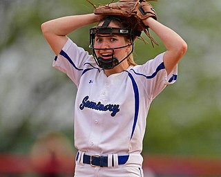 YOUNGSTOWN, OHIO - MAY 16, 2019: Poland starting pitcher Ashley Wire reacts after a failed pick off attempt in the seventh inning of Thursday afternoons OHSAA Tournament game at Youngstown State University. Poland won 7-6. DAVID DERMER | THE VINDICATOR