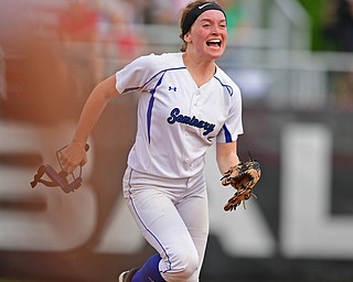 YOUNGSTOWN, OHIO - MAY 16, 2019: Poland's Lauren Sienkiewicz reacts after the final out after defeating Ursuline 7-6 to win the District Championship, Thursday afternoon at Youngstown State University. Poland won 7-6. DAVID DERMER | THE VINDICATOR
