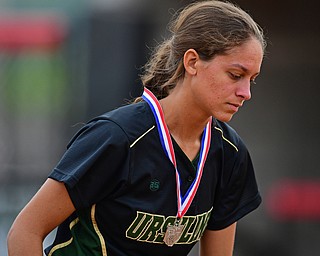 YOUNGSTOWN, OHIO - MAY 16, 2019: Ursuline's Destiny Goodnight reacts after reciving her runner up medal after being defeated by Poland 7-6 to in the District Championship, Thursday afternoon at Youngstown State University. Poland won 7-6. DAVID DERMER | THE VINDICATOR
