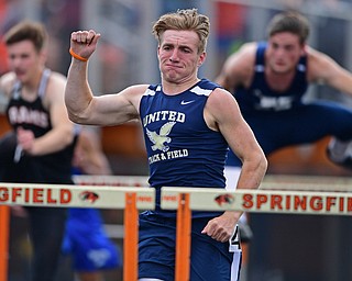 NEW SPRINGFIELD, OHIO - MAY 17, 2019: United's Jaret Hahn competes during the boys 110 meter hurdles, Friday night during the Division III District Track Meet at Springfield High School. DAVID DERMER | THE VINDICATOR