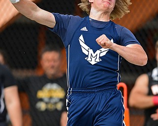NEW SPRINGFIELD, OHIO - MAY 17, 2019: McDonald's Zach Gray competes during the boys shot-put, Friday night during the Division III District Track Meet at Springfield High School. DAVID DERMER | THE VINDICATOR