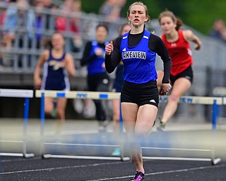CORTLAND, OHIO - MAY 18, 2019: Lakeview's Ashley Bowker runs during the girls 300 meter hurdles, Saturday morning during the Division II District Track Meet at Lakeview High School. DAVID DERMER | THE VINDICATOR