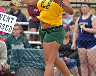CORTLAND, OHIO - MAY 18, 2019: Ursuline's Miyah Martin competes during the girls discus, Saturday morning during the Division II District Track Meet at Lakeview High School. DAVID DERMER | THE VINDICATOR