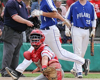 William D. Lewis the vindictor Poland's Braden O'Shaughnessy(4) scores as Niles catcher Nick Guarnnieri   (7) tries for the ball. Atright i MJ Farber(25) during 5-21-19 win over Niles at Cene.