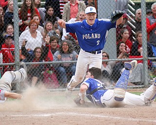 William D. Lewis The Vindictor Poland's catcher MJ Farber(25) tags Niles' Brandon Hayes(12) as Poland's Alex Barth(2) reacts during game ending play. Poland won 8-7.