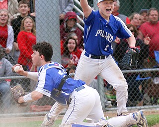 William D. Lewis The Vindictor Poland's catcher MJ Farber(25) tags Niles' Brandon Hayes(12) as Poland's Alex Barth(2) reacts during game ending play. Poland won 8-7.