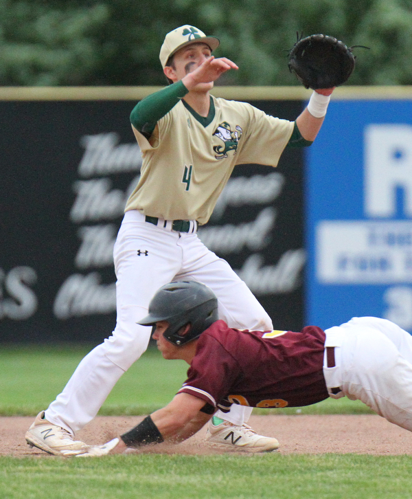 William D. Lewis The Vindicator South Range'sTrey Pancake(3) steals 2nd while Ursuline's Colin Balas(4) waitw for the throw.