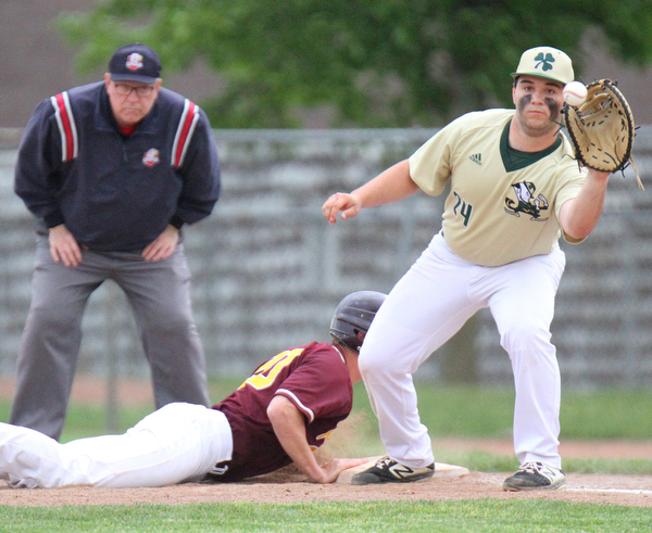 William D. Lewis The Vindicator S Range's Josh Stear(20) dives back to first ahead of the throw as Ursuline 1 rst baseman Andrew Sabella(24 makes the catch.